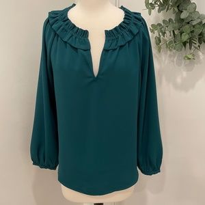 J.Crew Drapey Ruffle-Neck Top in 365 Crepe, Green, XS